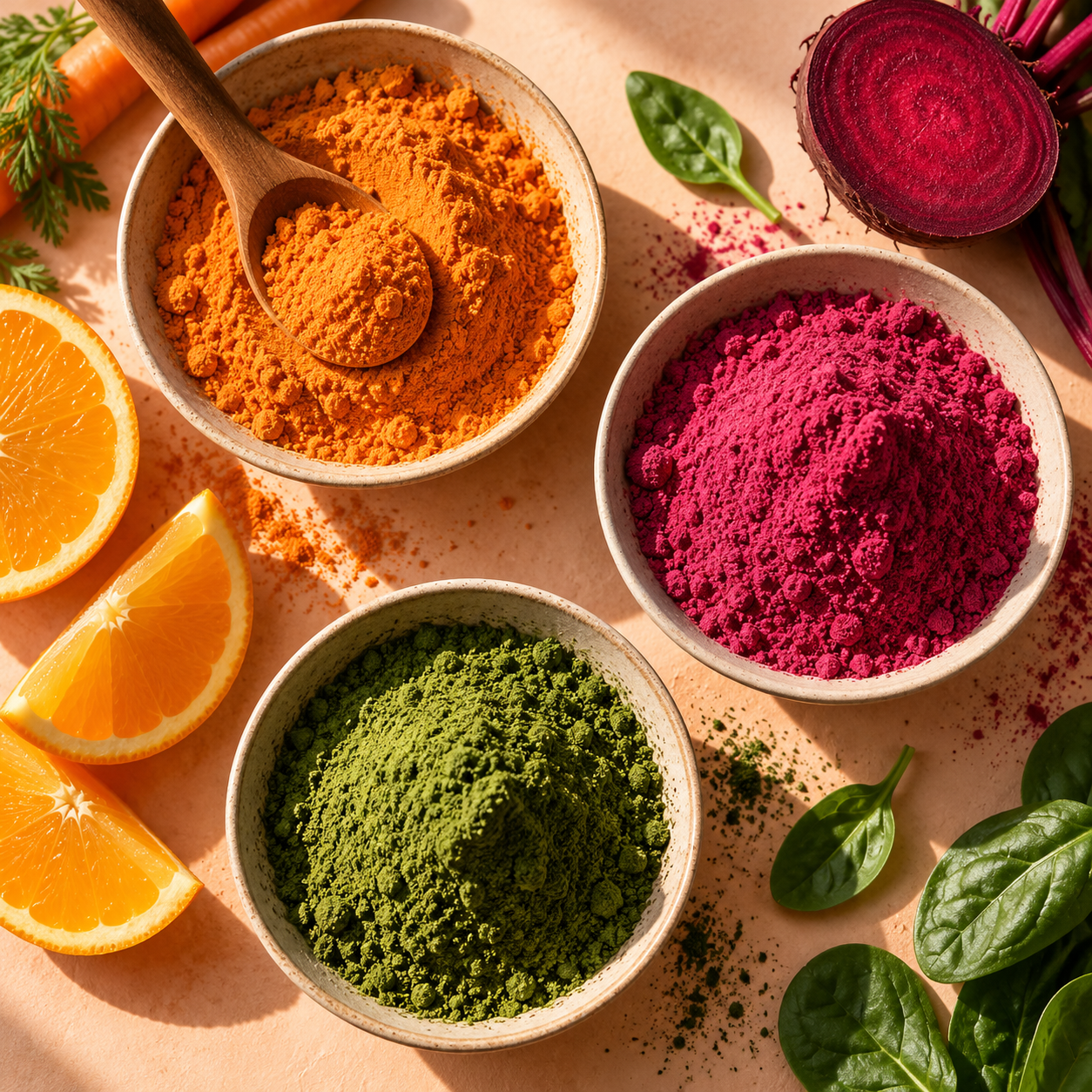 Colourful plant powders in ceramic bowls alongside orange, beetroot and fresh green leaves